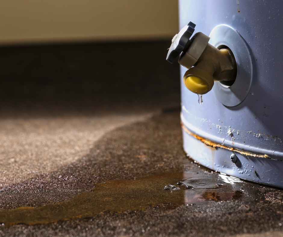 A water heater leaking water at the bottom