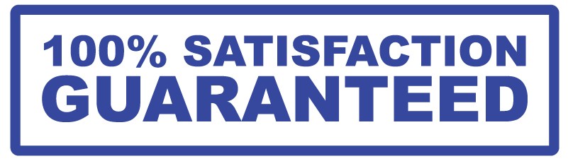 Blue badge with a thick border that reads '100% SATISFACTION GUARANTEED' in bold letters.